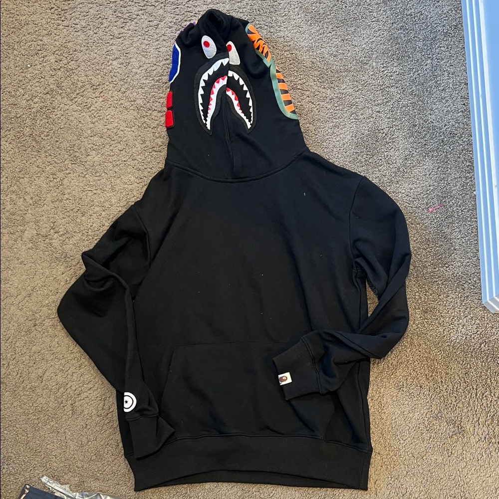 Bape Black Shark-Print Crewneck Hoodie with Multicolor Accents